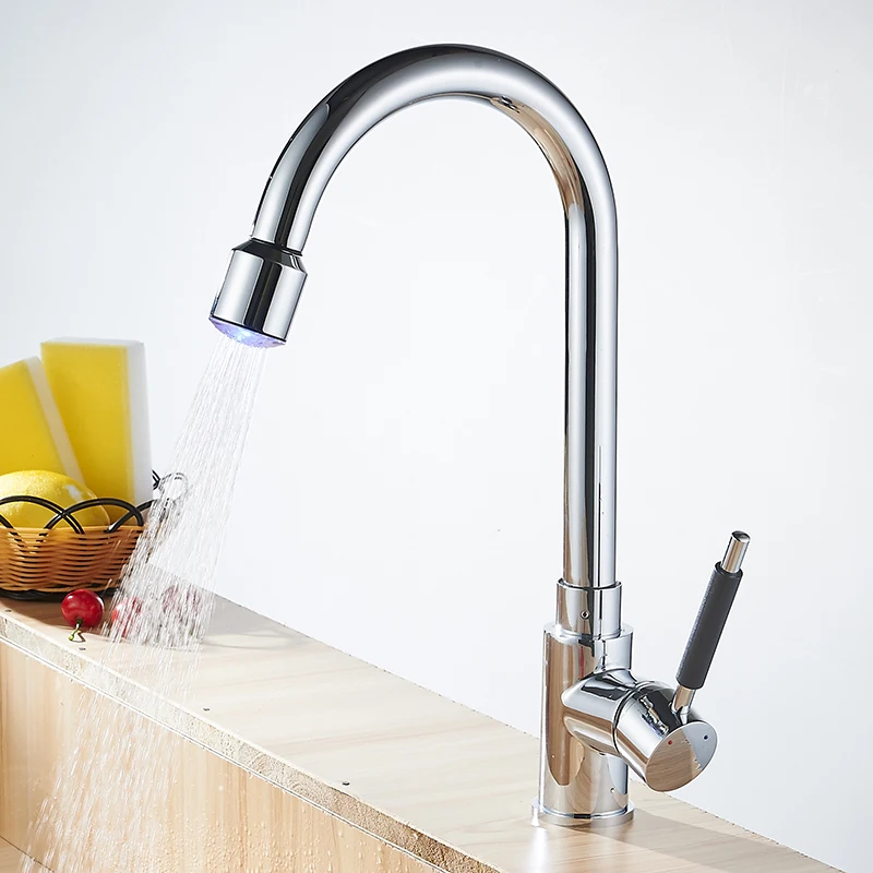 Modern New Chrome  Brass Kitchen Faucet Single Handle LED Pull Out  Swivel Sink Mixer Hot and cold water YC-CL3011A