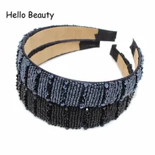 Новая мода, ручная работа, темно-синие Кристальные бусины, ободок для волос, широкая ободок из бисера, черные, розовые стразы, аксессуары для волос для женщин и девушек