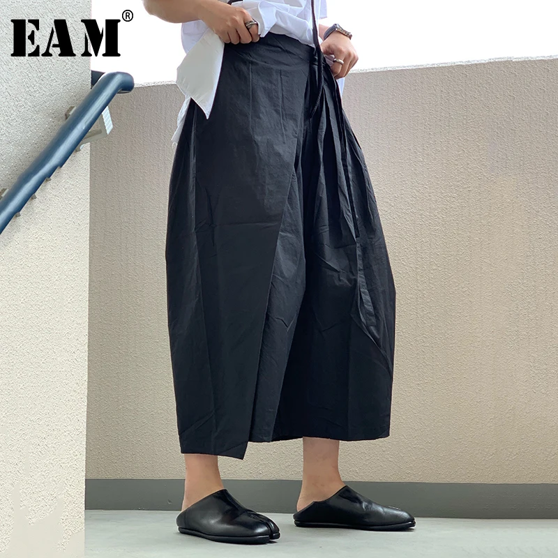 

[EAM] 2019 New Autumn Winter High Elastic Waist Loose Black Pleated Split Joint Wide Leg Pants Women Trousers Fashion JX082