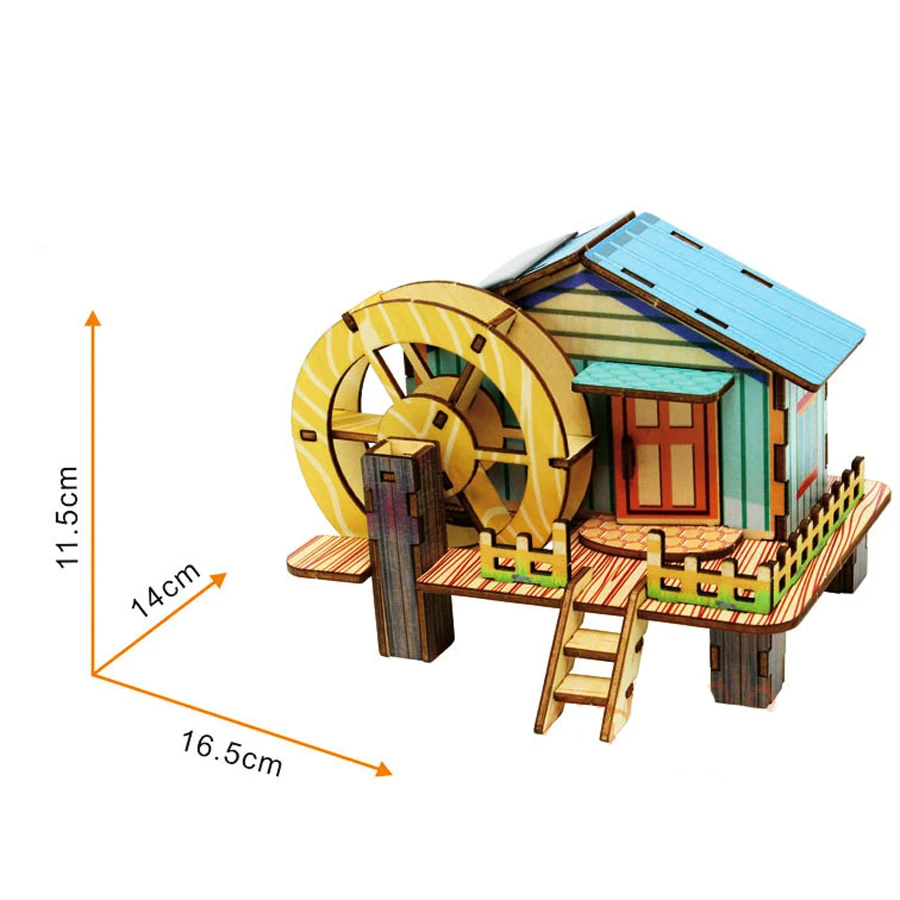 Миниатюрные домики, ветряная мельница с водяным колесом, игрушки на солнечных батареях для детей, развивающие игрушки для детей, 3D трехмерная модель, деревянная головоломка