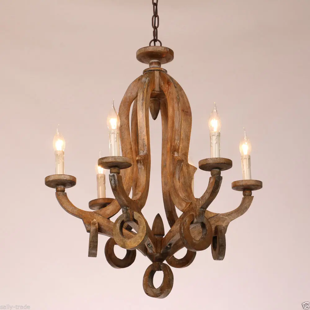 Retro Rustic Wooden Sculpted 6 Lights Candelabra Chandelier