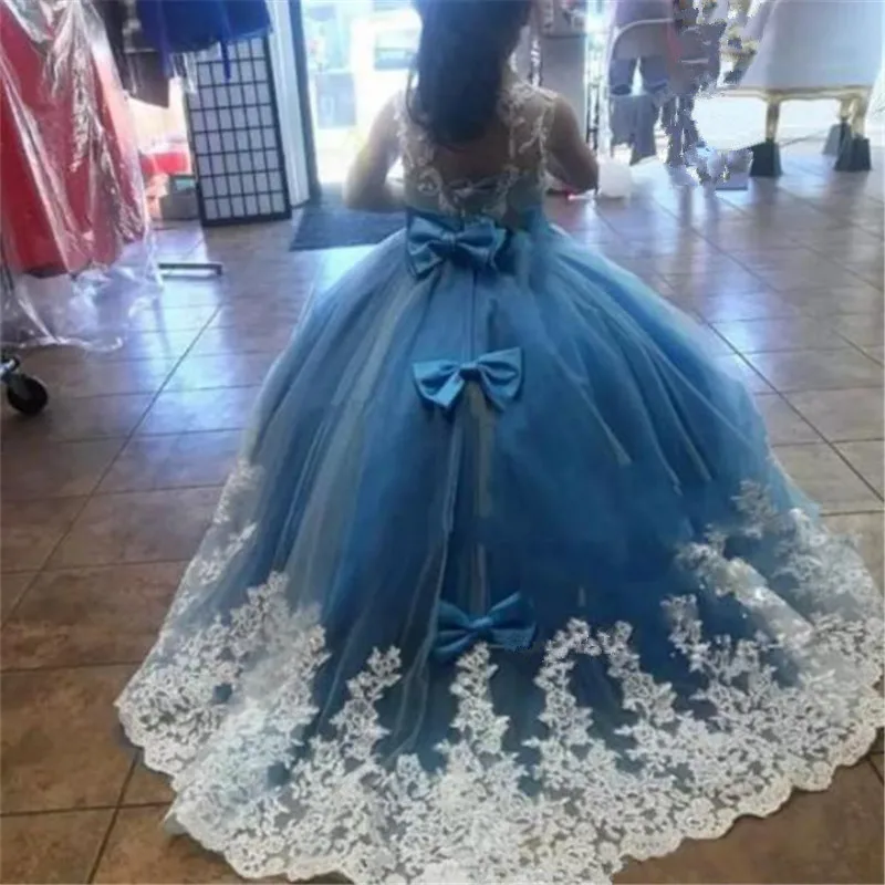 Королевские синие платья с цветочным узором для девочек на свадьбу, платье Золушки для девочек, детское праздничное бальное платье