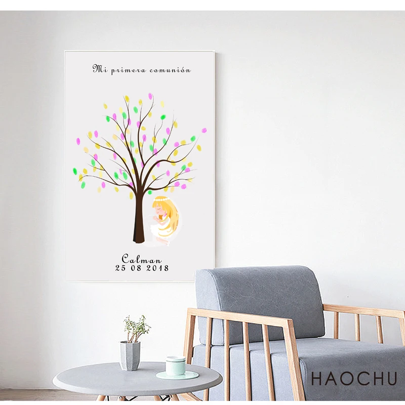 

Angel With The Tree Canvas Fingerprint Signature DIY Guest Book For Girls First Holy Communion Souvenir Gift For Girls Baptism