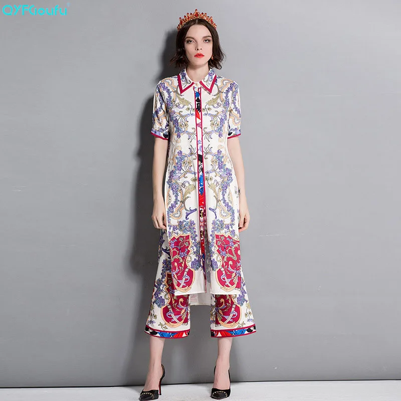 Courtes Pantalon Manches Summer Deux Flare Qyfcioufu Designer Runway 2018 À Pièces Fashion Imprimé Ensemble Rouge Longue Costume Femmes Blouse Vintage vwTqP