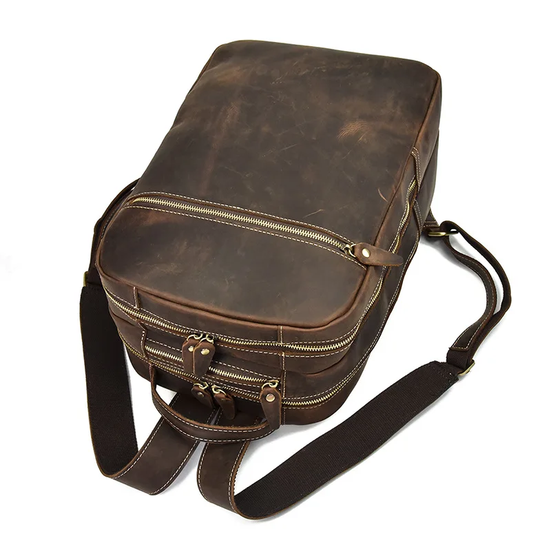Vorderansicht des Woosir-Rucksacks aus braunem Leder, Vintage-Laptop-Rucksack