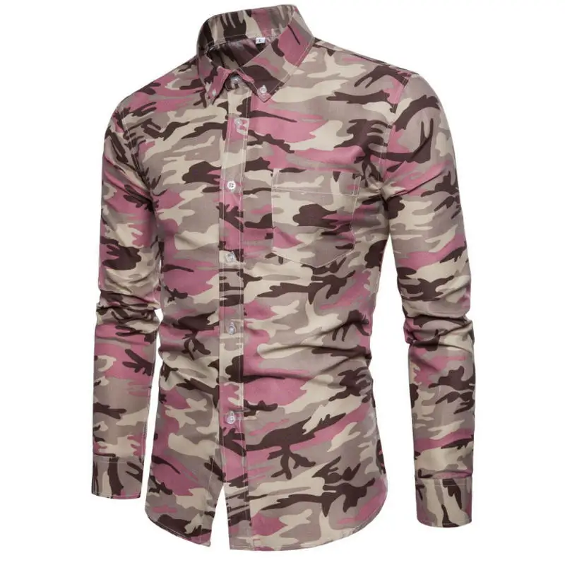 Новое поступление, брендовая мужская рубашка, камуфляжная рубашка, 8, длинный рукав, облегающая, Camisa Masculina, повседневная мужская рубашка, мужские рубашки 3XL - Цвет: Pink camouflage