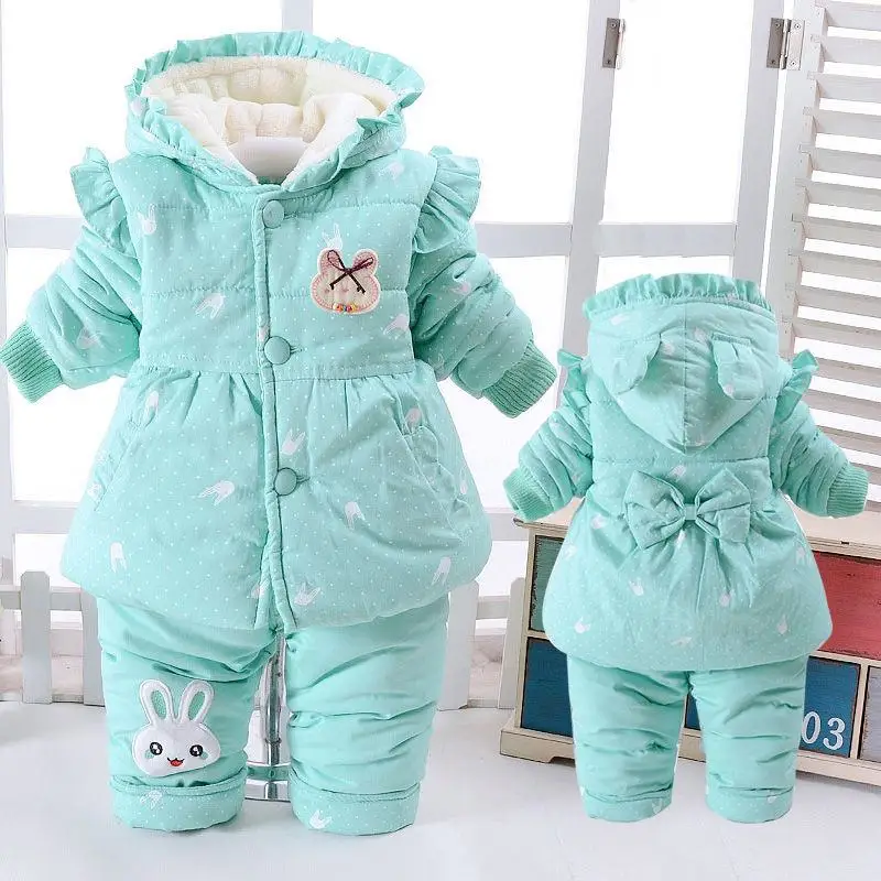 Коллекция года, модные зимние хлопковые комплекты для маленьких девочек пальто с капюшоном для малышей+ рубашка+ штаны, 3 предмета, толстый теплый костюм для маленьких девочек, одежда, W148 - Цвет: xiaobaitu lvse