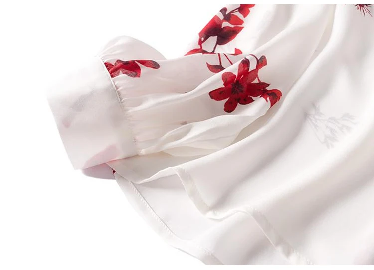 Women Blouse REAL SILK Crepe Print Long Sleeved Bow Collar Blouse Shirt White Office Lady Blouses Fall Winter Shirt