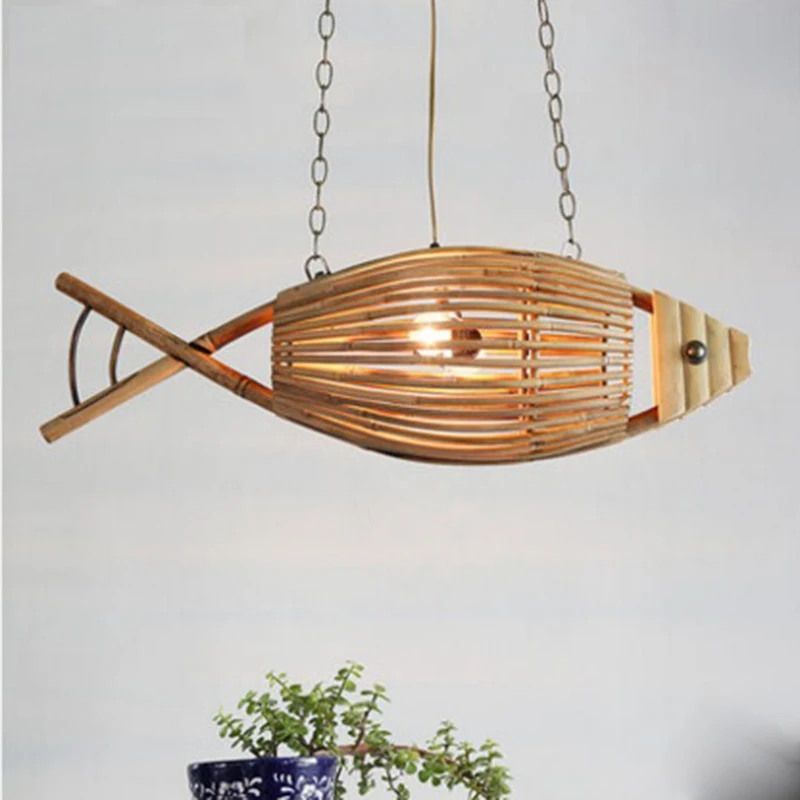 Ретро Бамбук L76cm рыбы подвесной светильник из дерева ручной работы Подвесная лампа Новый для Гостиная столовая домашнего освещения G057
