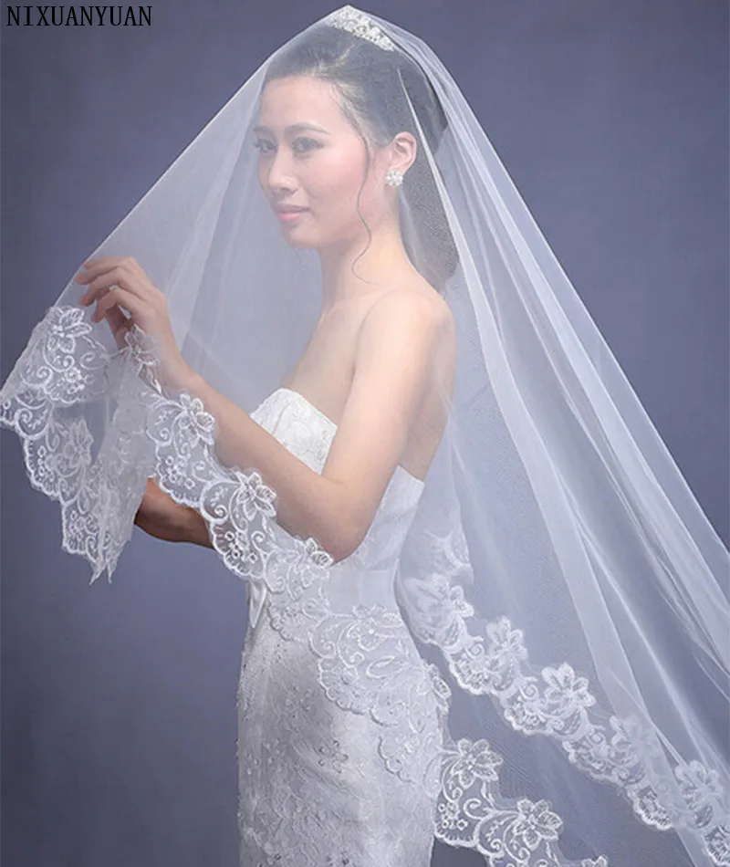 Фата Ivory White 1 Слои Кружево com Renda вуаль Mariage невесты фаты Аксессуары въелось de Novia вэу-де-noiva