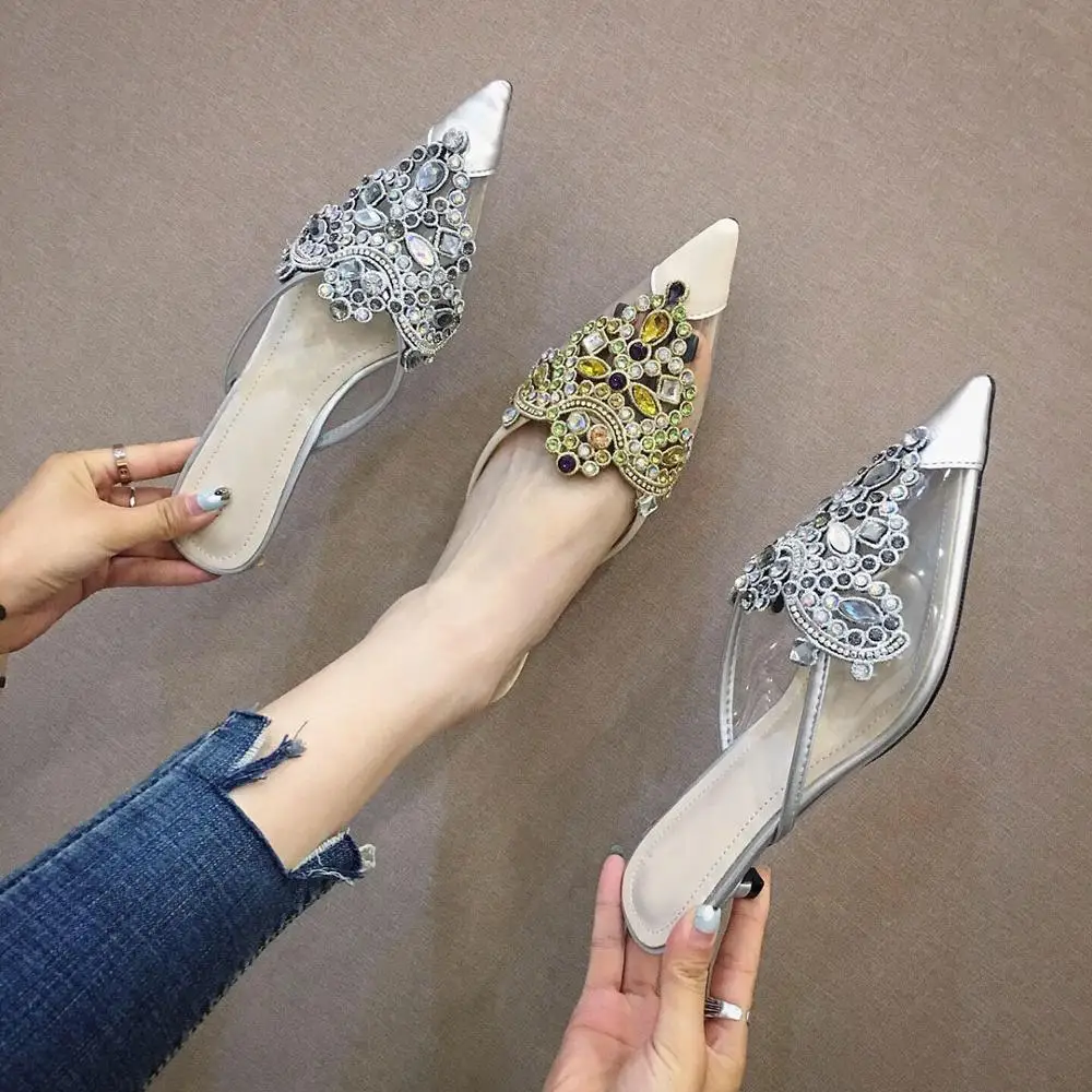 

Bellinsley Luxury Crystal PVC Transparent Women Slippers Slip On Pointed Toe Low Heels Mules Baotou Slides Outdoor Ladies Shoes