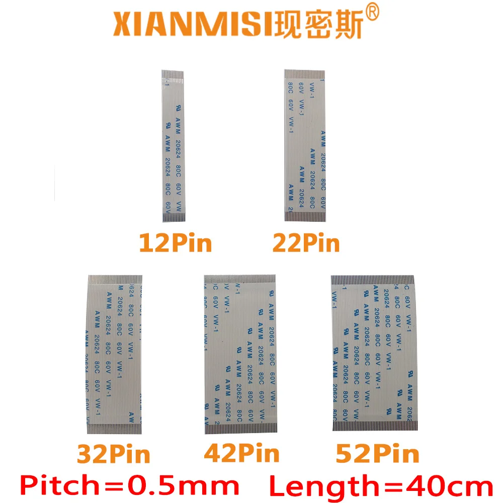 

FFC/FPC Flat Flex Ribbon Cable 12Pin 22Pin 32Pin 42Pin 52Pin Same Side 0.5mm Pitch AWM VW-1 20798 80C 60V Length 40cm 5PCS