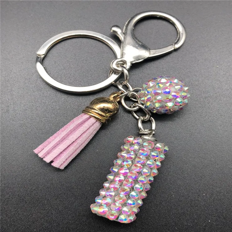 New Cartoon Leather Tassel Keychain Key Chain KeyRing Crystal Pendant