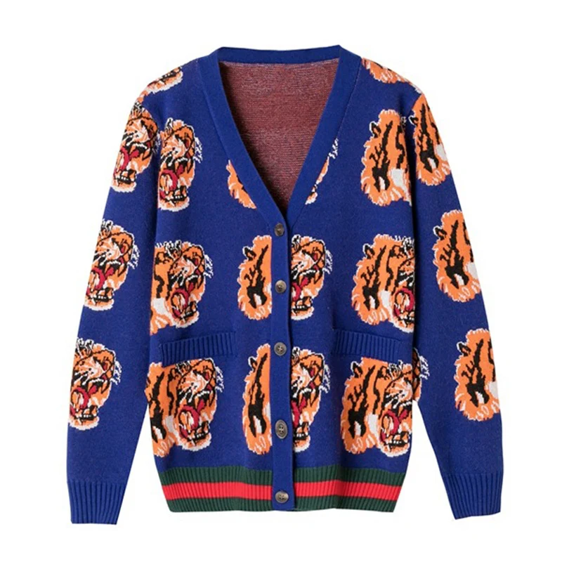 

2018 Luxury Designer Brand Winter Cardigans Women Tiger Embroidery Knitted Sweater Blue Pink High Quality Wool Sweater