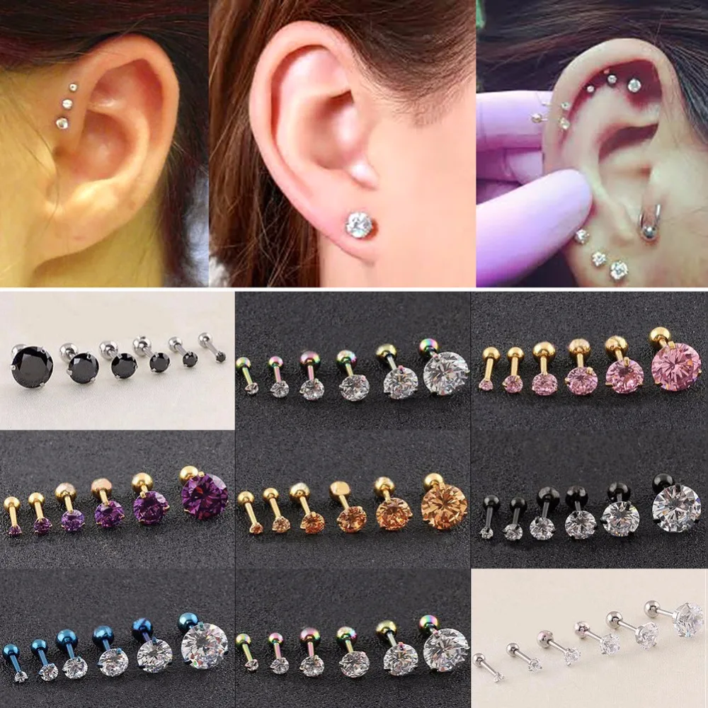 1PC Fashion CZ 3 Prong Tragus Cartilage Stainless Steel Ear Stud Crystal Zircon Earrings Piercing Jewelry Gold Clear boucle - Image 2