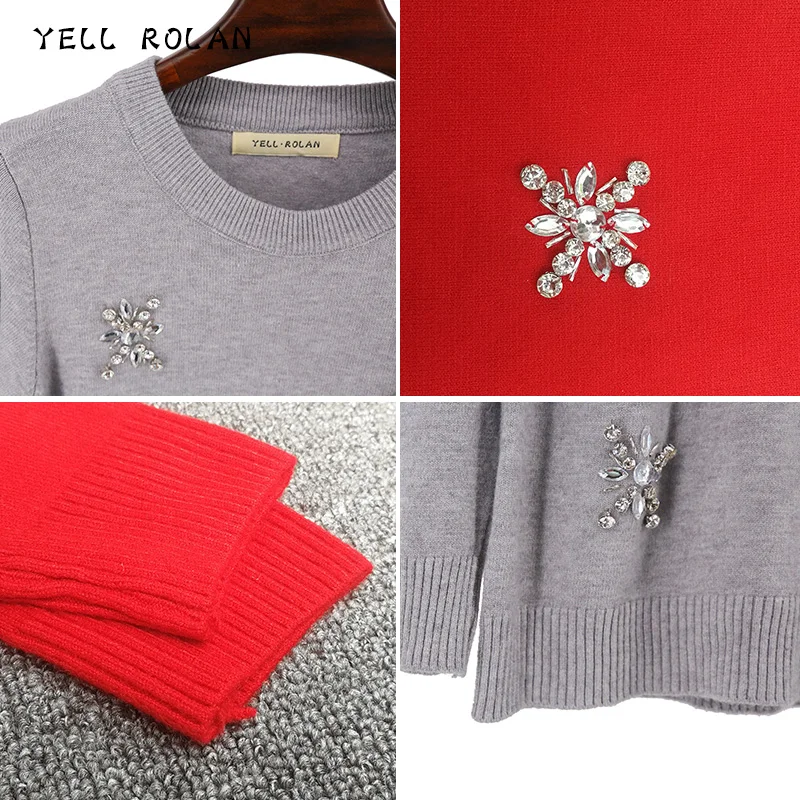 2018 New Design Women Spring Casual Warm Knitted Pullover Clothing O-Neck Simplee Long Sleeve Sweaters with Zircon Loose Sweater Sweaters