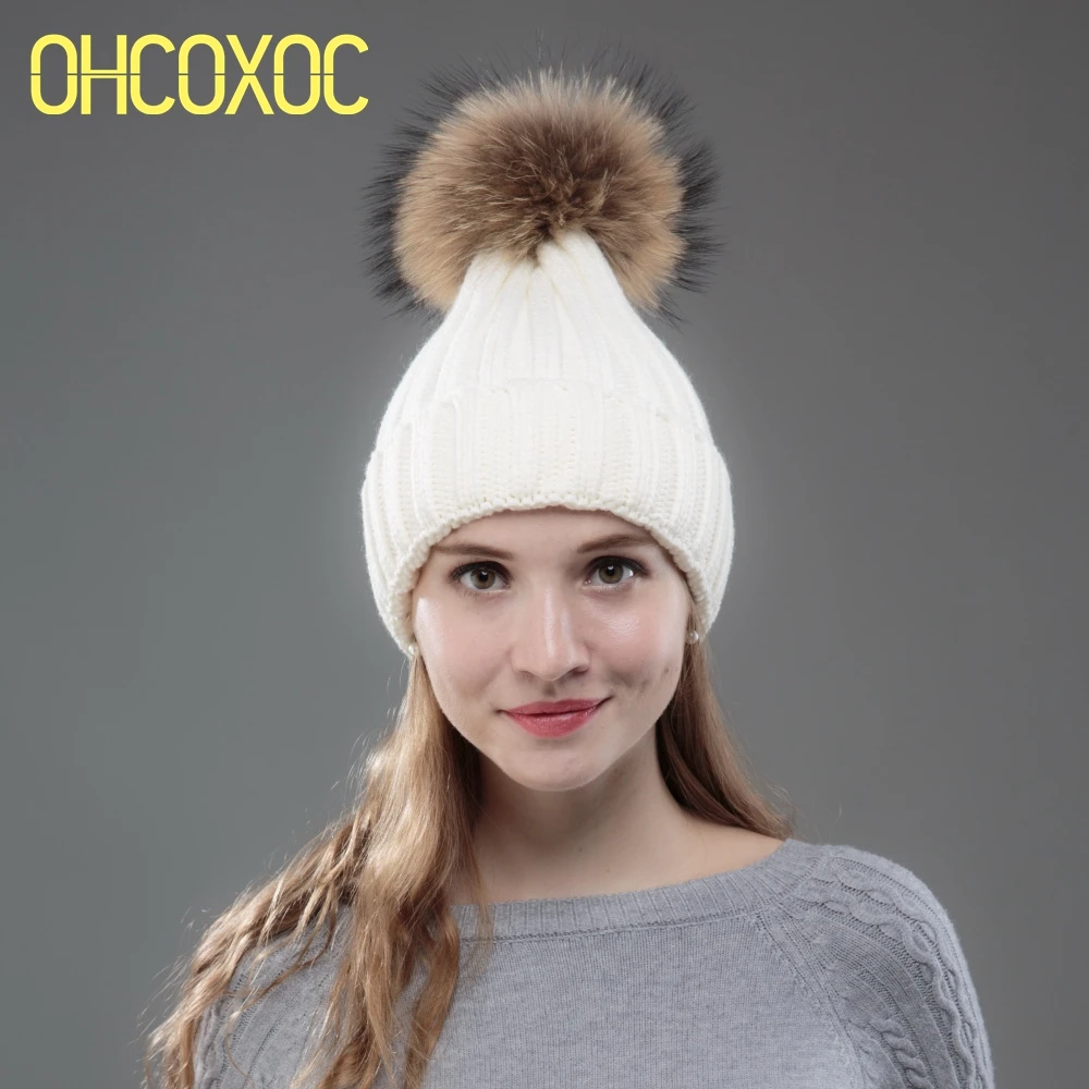 OHCOXOC New Women Beanies Real Fox Mink Fur Pom Poms Ball Cap Keep Warm