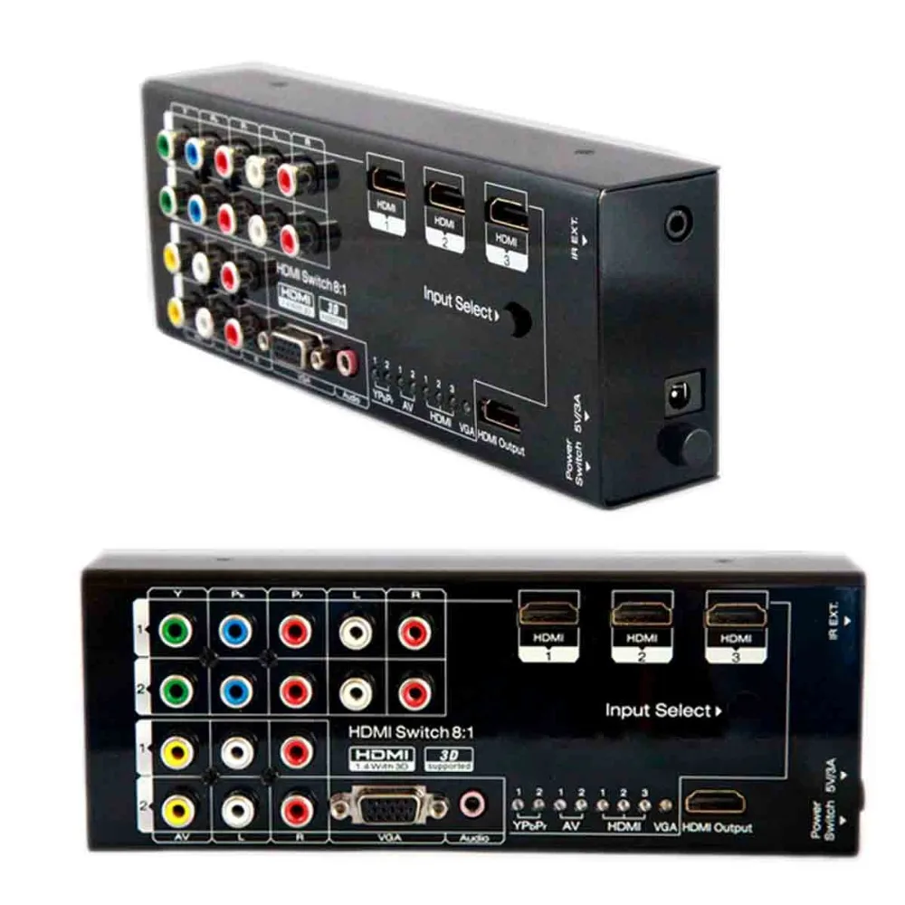 HDMI Switch 8x1 HDMI RCA VGA Video AV Switcher 8 input Port 1 Output 1080p 60Hz Audio Video Analog HDTV Splitter Converter Box 