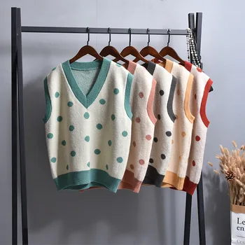 

Spring Knitted Pullover Lovely Dot Printed Vests For Women 2019 Loose V-Neck Sleeveless Female Sweater Knitwear Feminine Coat