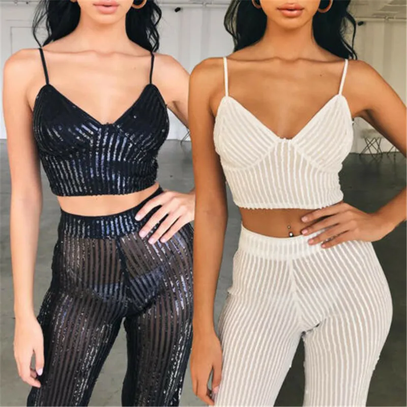 

Women Sexy Sequined Camis crop tops Solid Strappy v neck camisole lady Summer Bustier Slim Crop Top Tanks streetwear clubwear