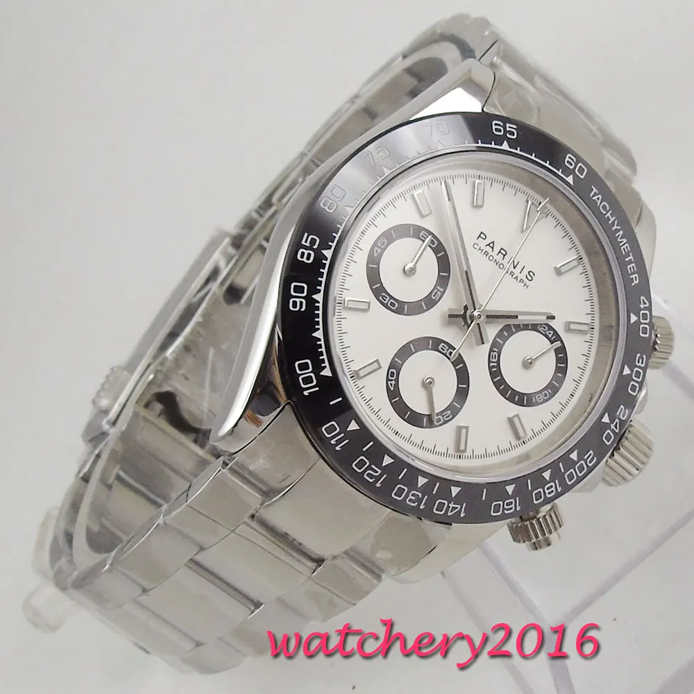 new arrive 39mm PARNIS white dial quartz mens watch solid case full Chronograph