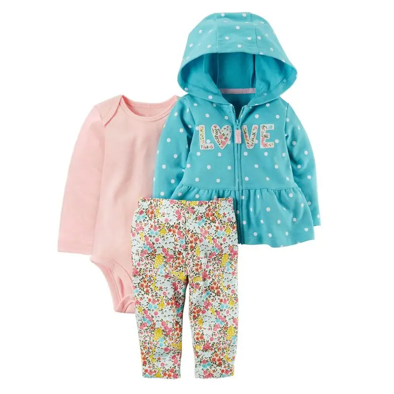 

baby boy clothes Dot love print tracksuit hooded coat +Long sleeve romper+pants clothing set 2018 3pcs baby girl spring costume