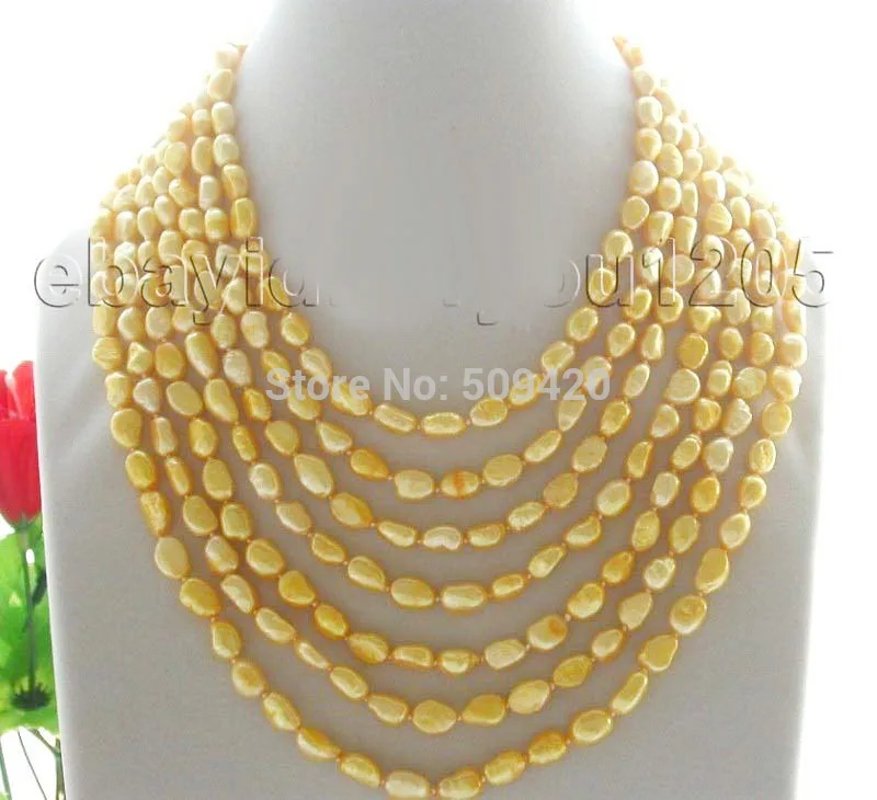 

~~ Free Shipping 7rows 17-- 24" Genuine Natural 12mm Golden Baroque Pearl Necklace