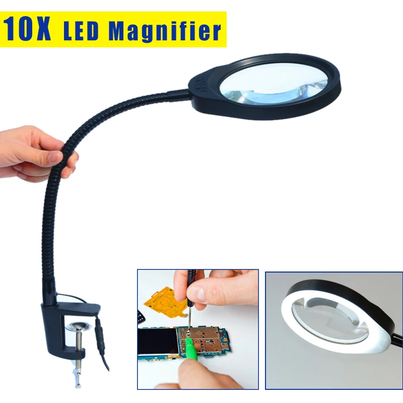 

10X Magnifying Glass Table Machine For Reading Repairing Embroidering Inspection Desktop Magnifier Soft Rod LED Light Magnifierl