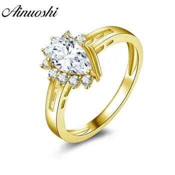 

AINUOSHI Trendy Flower Blossom Ring 14K Solid White/Yellow Gold Band 1 CT Pear Cut Sona Diamond Women Wedding Engagement Ring