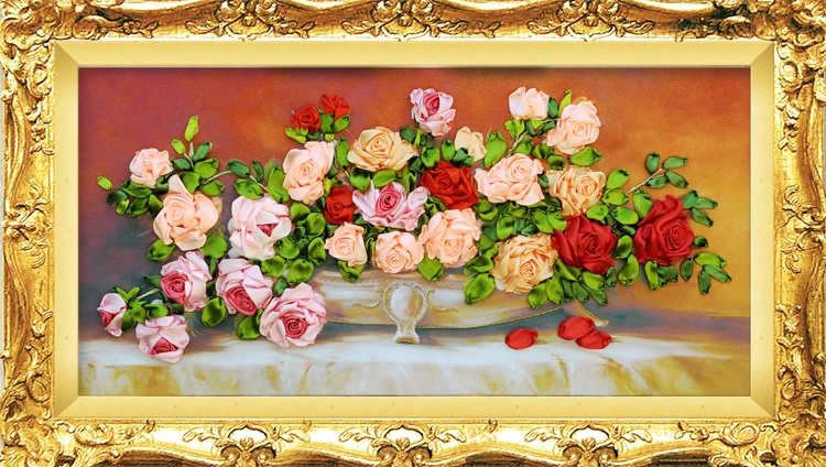 Ленточная вышивка DIY Рисование на холсте, цветные печатные цветы картина роза, рукоделие ремесла Набор для вышивания крестиком Настенный декор C-0094