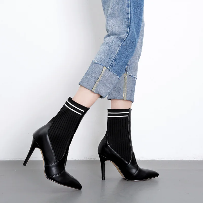 

New Women Shoes Boots PU Patchwork Sock Boots Women High Heels 10CM Middle Tube Boot Pumps Thin Heels Rider Shoes Booties Botas