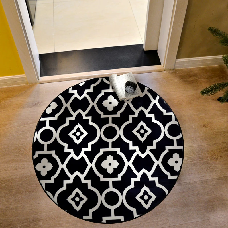 

Black And White Grille Pattern Design Mat In The Hall 360 Rotatable Slip-Resistant Pad Room Oval Carpet Floor Mats Floor Door