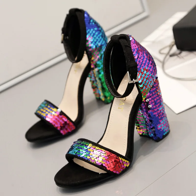 

T Stage Show Summer Colorful Thick Sandals Women's Shoes High Heels Peep Toe Sexy Bling Bling Glitter Sexy Party Wedding Shoes