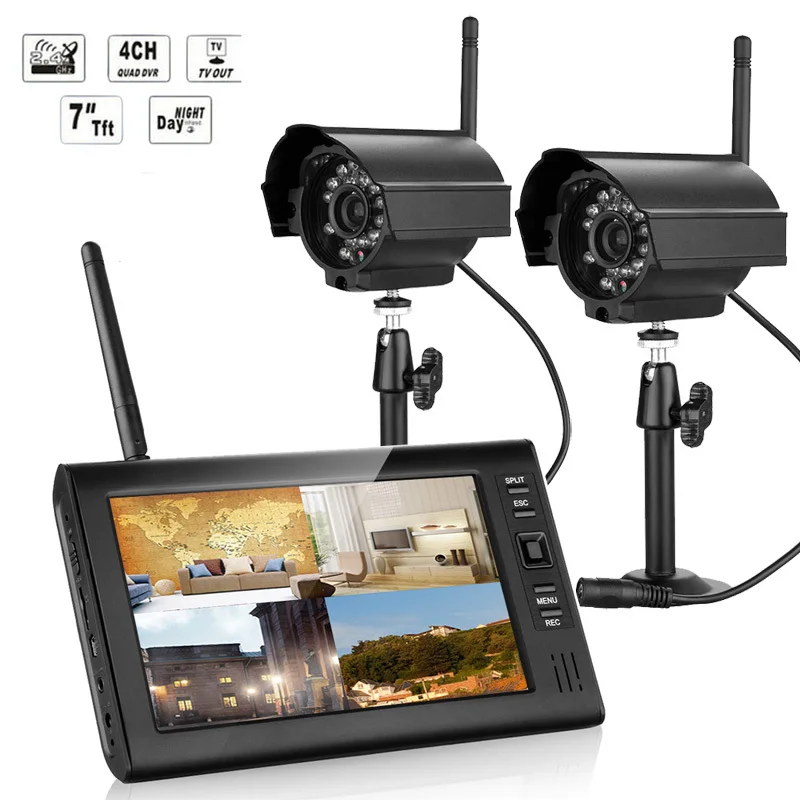 

NEW 7 Inch Monitor Wireless CCTV Kit 2.4GHz 4CH Channel CCTV DVR 2PCS Wireless Cameras Audio Night Vision Home Security System