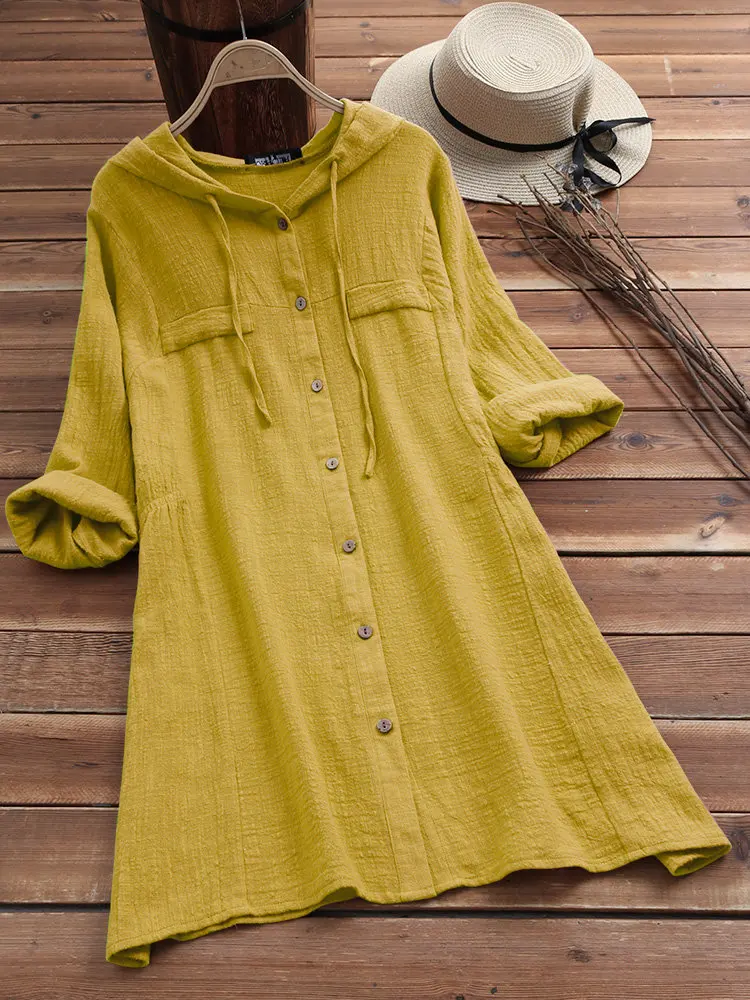 

5XL Spring Autumn Clothes Women Casual Cotton Linen Loose Dress Plus Size Crop V Neck Button Long Sleeve Cardigan Dresses Brown