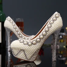 2015 perlen Strass Brautschuhe Weißen High Heels Perlen Frauen Hochzeit Schuhe Diamant Abendgesellschaft Plattform Pumpen