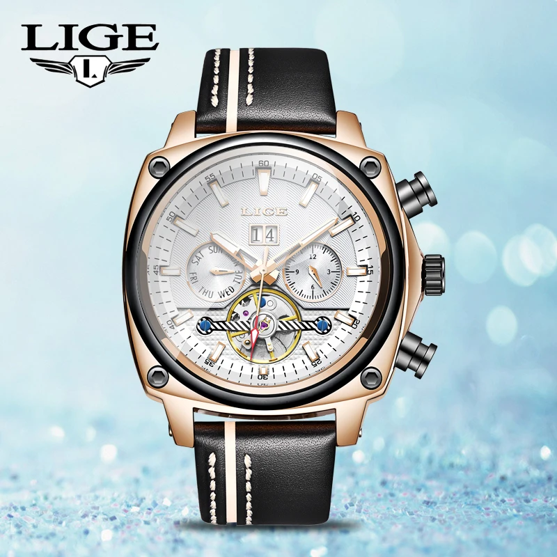 

LIGE Luxury Skeleton Tourbillon Sports Watch Men's Automatic Mechanical Sport Watch Leather Mechanical Watch Reloj Hombre+Box