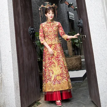 

Rhinestone Luxury Bride Wedding Dress Noble Elegant Ladies Slim Marriage Cheongsam Suit Vintage Oriental Qipao Toast Clothing
