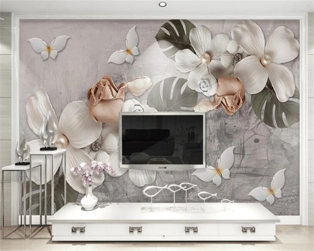 

Beibehang Customize large mural 3d wallpaper Stereo Relief White Petal Flower pearl Modern Retro Background Wall 3d wallpaper
