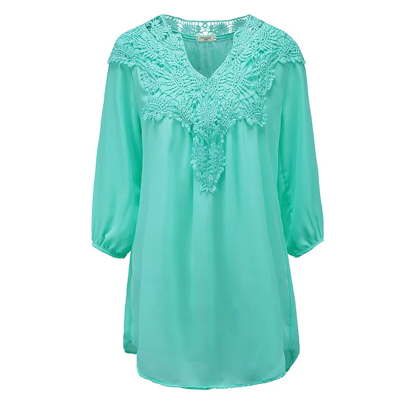 2019 New Spring Summer Women Blouses Lace Chiffon Hollow V-neck Shirts Plus Size Loose Three Quarter Sleeve Tops Shirts Women