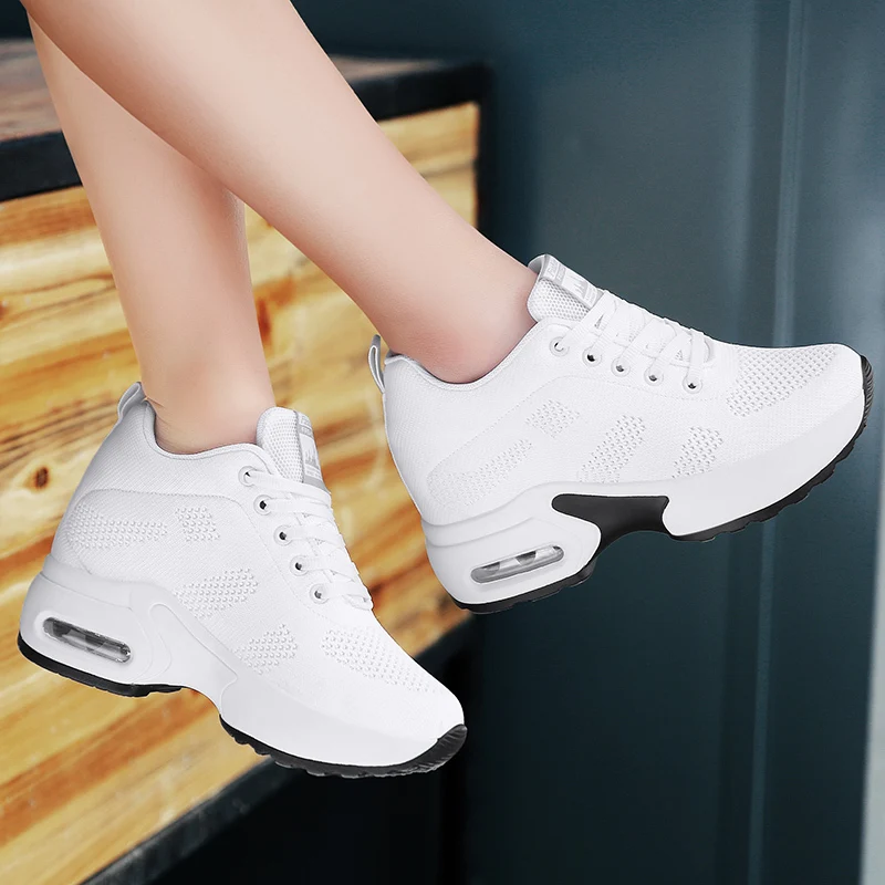 WADNASO Flying Knitting Fashion Sneakers Women Hide Heels Casual Shoes Breathable Platform Sneakers Wedge White Shoes XZ120 (38)