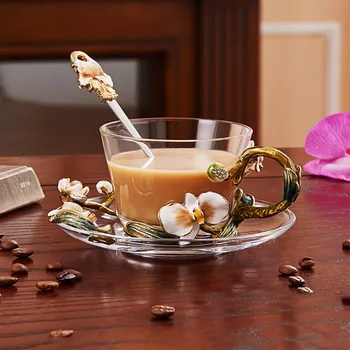 

Creative Enamel Orchid Coffee Cup Coffee Mug European Disc Set Idyllic leisure 8oz/230ml l Glass Mugs Gift Set