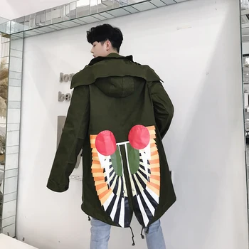

Trend Personality Printing Men's Windbreaker Europe and America Handsome Men's Hooded Coat Color Black and Green