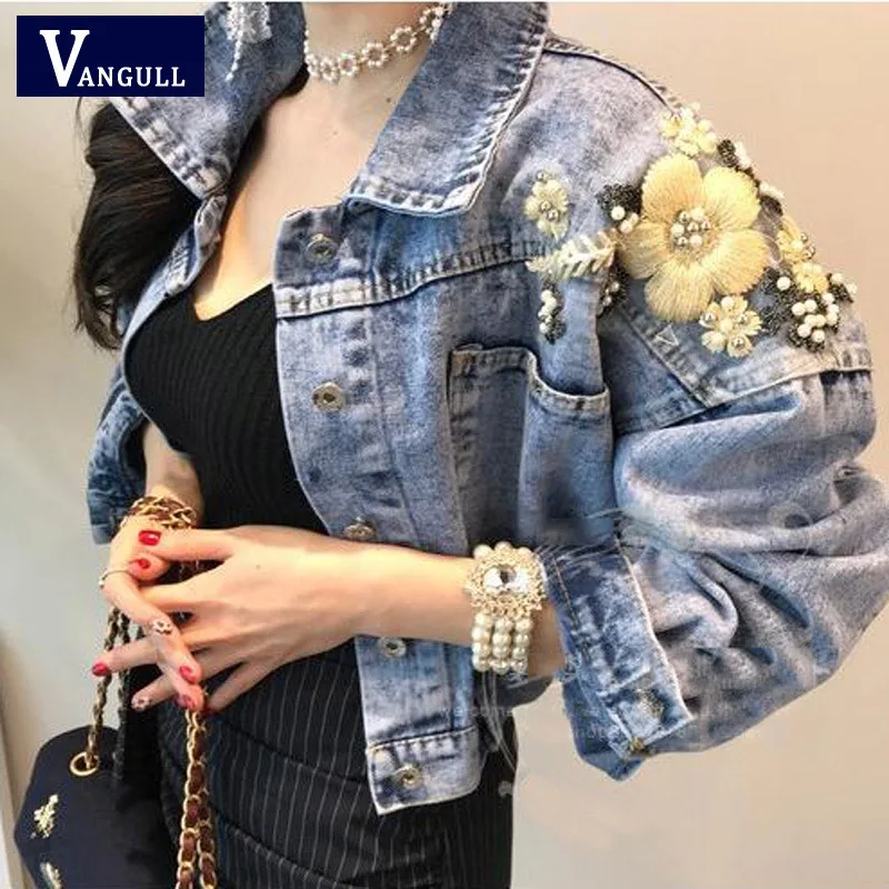 

VANGULL high waist denim cotton jacket 2019 New Spring autumn short beaded embroidered loose temperament short jacket female