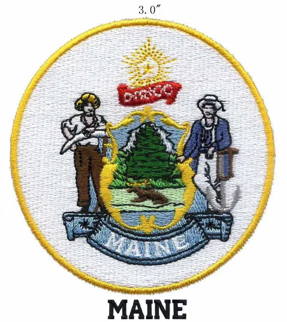 Maine State Seal embroidery patch 3" wide shipping/yellow circle/moose