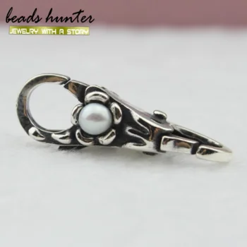 

925 Sterling Silver White Pearl Lock Lobster Clasp Fit European Troll Bracelet Jewelry