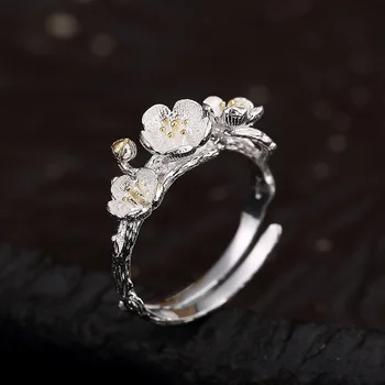 

S925 Pure Silver Plum Blossom Literature And Art Simple Retro Silver Silver Open Loop Ladies Ring Rings Wholesale