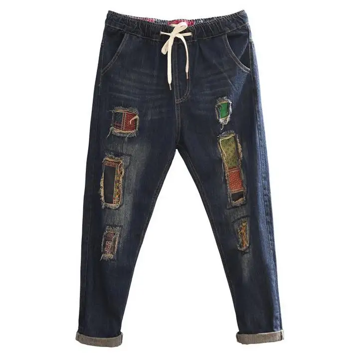 

2017 retro holes patch jeans loose waist drawstring large size pants long jeans
