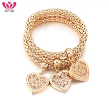 3Pcs Gold Hollow Flower Heart Charms Bracelets Inside Rhinestone Elastic Popcorn Chain Fashion Bracelet For Women Jewelry Gifts stylish rhinestone hollow out elastic bracelet for women
