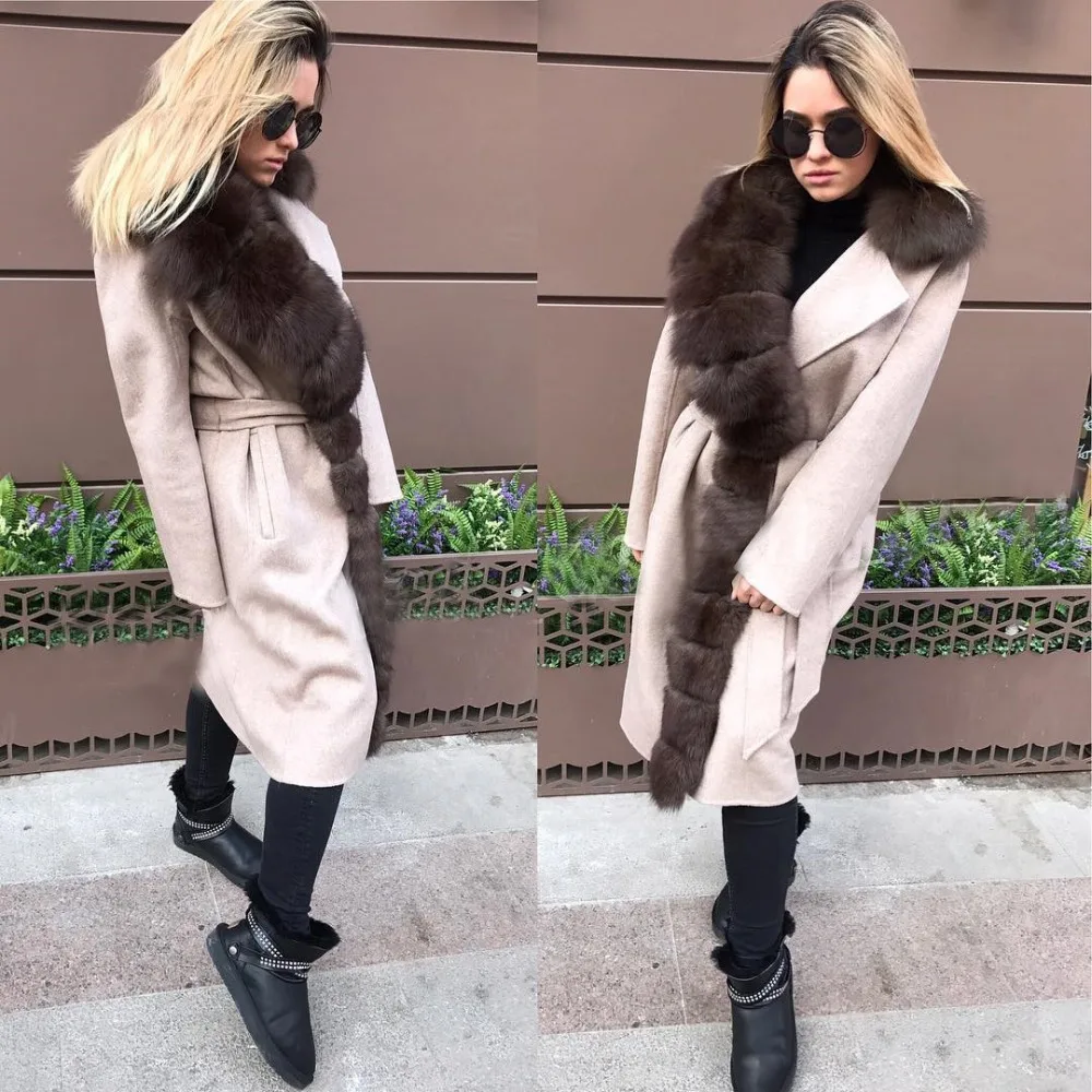 Luxurious Oversized Real Fox Fur Collar Cashmere Coat 90% Wool Blends Winter Real Fur Coat Women Clothes Real Fur Jacket